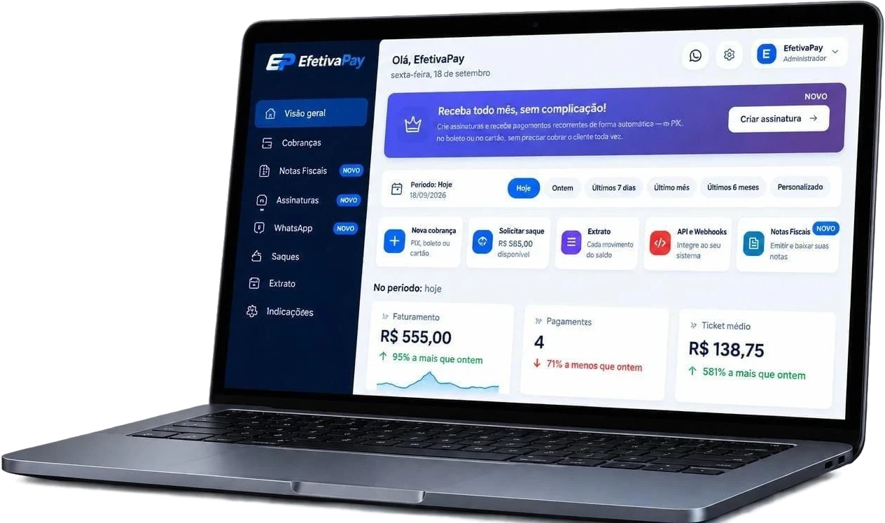 Painel da EfetivaPay aberto num notebook, mostrando faturamento do dia, pagamentos recebidos e ticket médio
